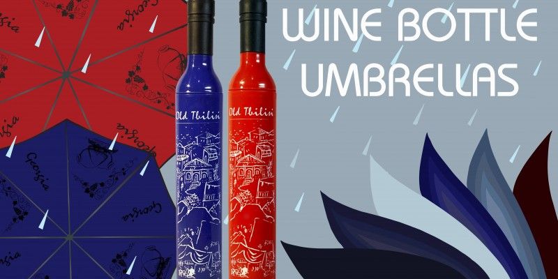 RED AND BLUE UMBRELLAS WITH THE ORIGINAL DESIGN OF WINE BOTTLE